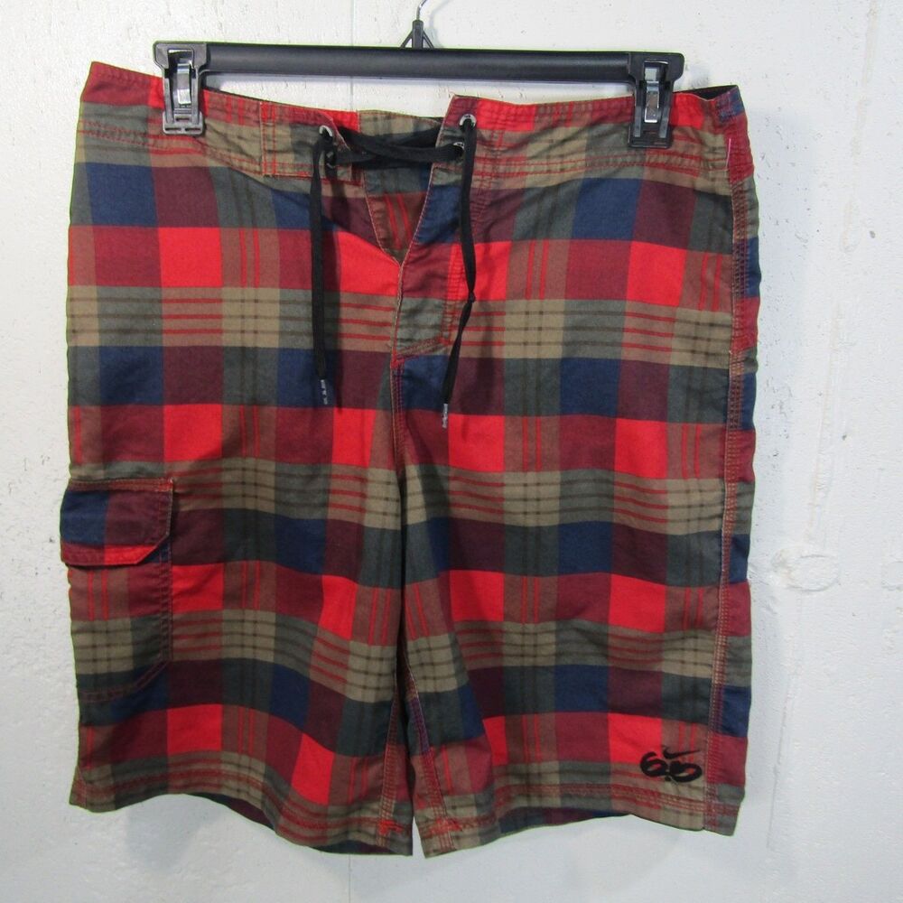 NIKE 6.0 Men's Size 33 Plaid Board Shorts Swim Trunks Red Blue Khaki 10" Inseam